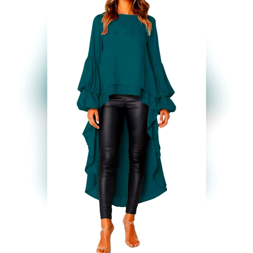 Latern Long Dark Green High Low Dress Shirt Long Ruffle Sleeve Blouse